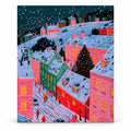 Snowy Pink Alpine Village Christmas Tree paint by numbers artwork on a front-facing canvas against a white background