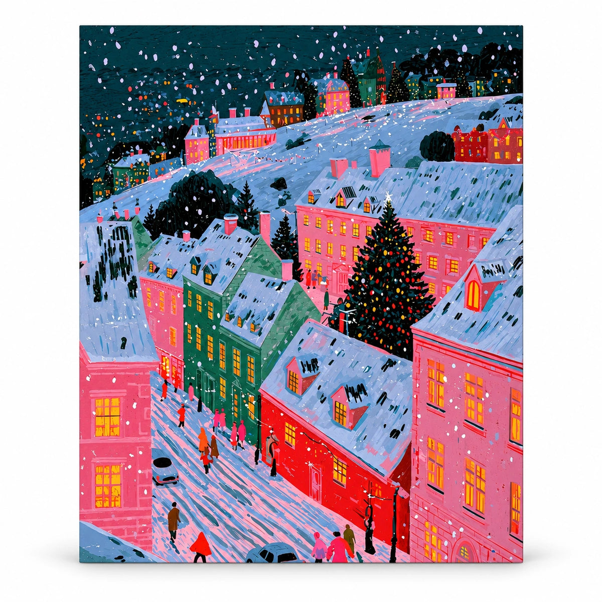 Snowy Pink Alpine Village Christmas Tree paint by numbers artwork on a front-facing canvas against a white background