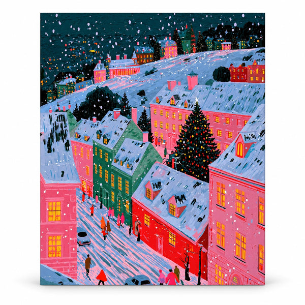 Snowy Pink Alpine Village Christmas Tree paint by numbers artwork on a front-facing canvas against a white background