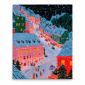 Snowy Pink and Green European Christmas Street paint by numbers artwork on a front-facing canvas against a white background