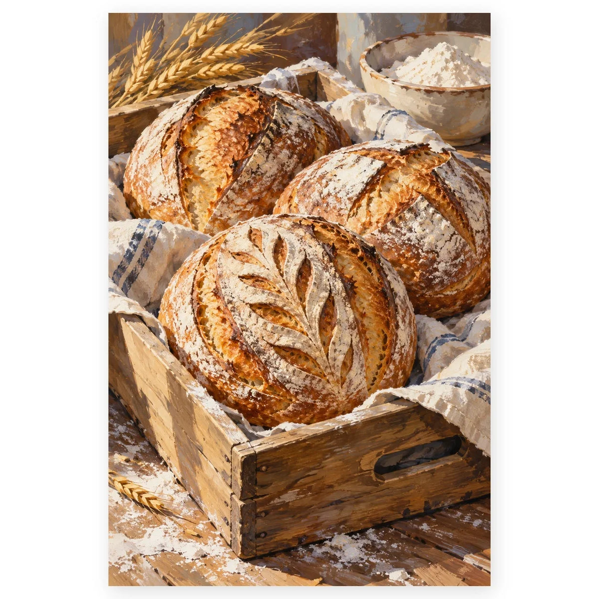 `01-sourdough-loaves-bakery-crate-hero.webp` — Full Sourdough Loaves Bakery Crate paint by numbers artwork on a clean white square, complete design shown at its original proportions with a subtle soft shadow.