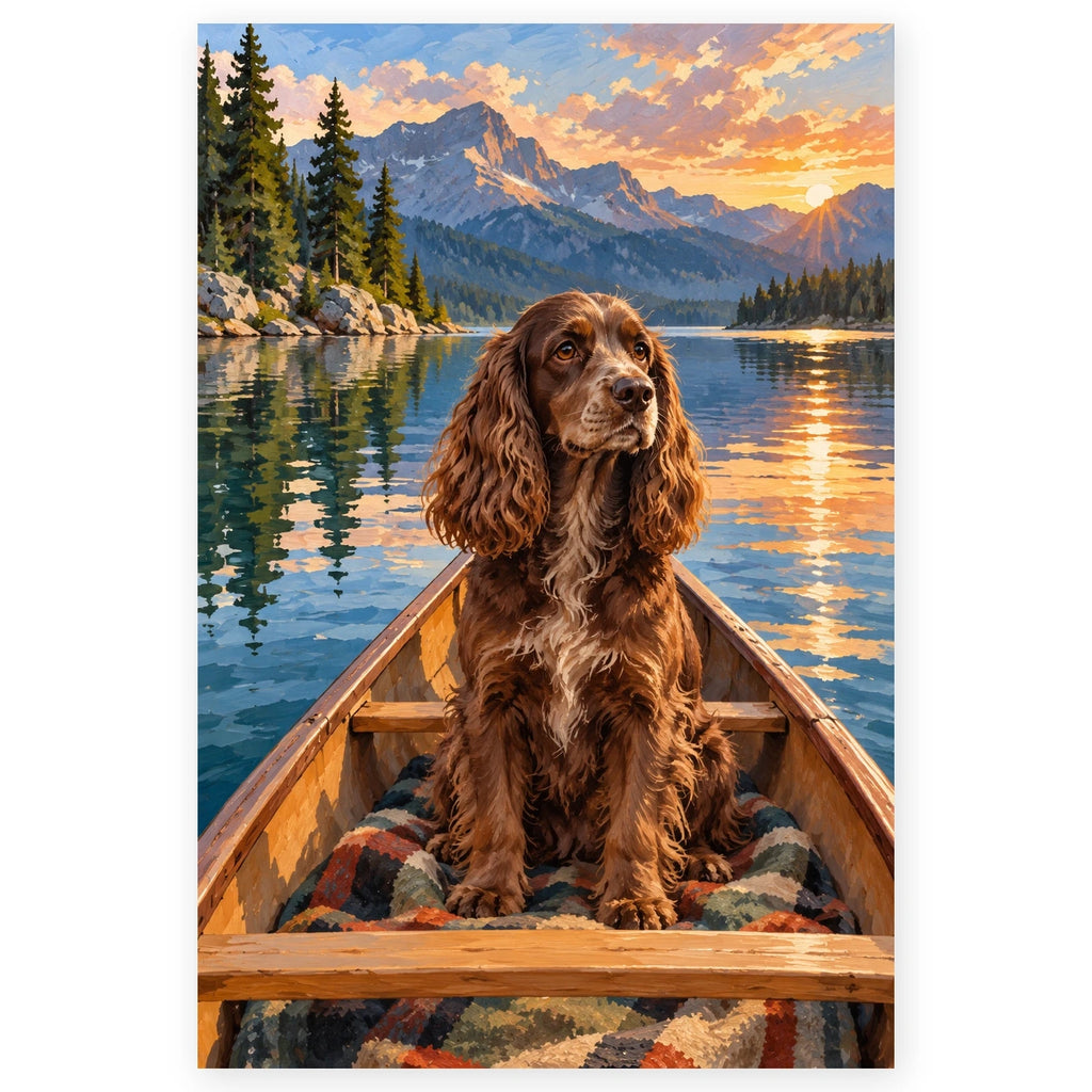 Spaniel in a Canoe paint by numbers artwork on a front-facing canvas against a white background