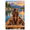 Spaniel in a Canoe paint by numbers artwork on a front-facing canvas against a white background