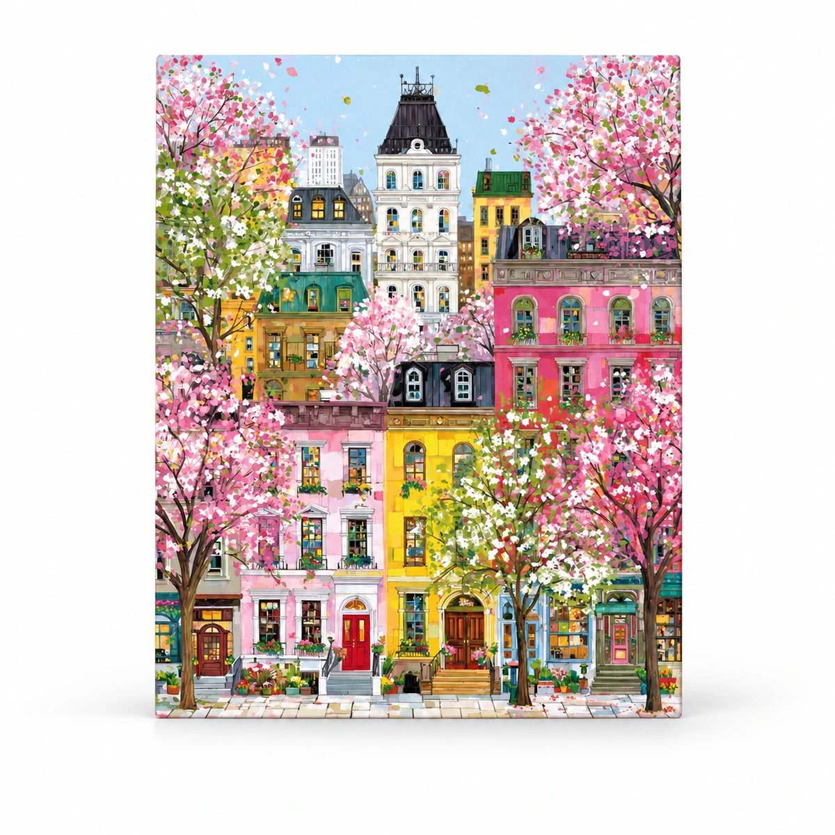 Spring Blossom European Street paint by numbers artwork on a front-facing canvas against a white background