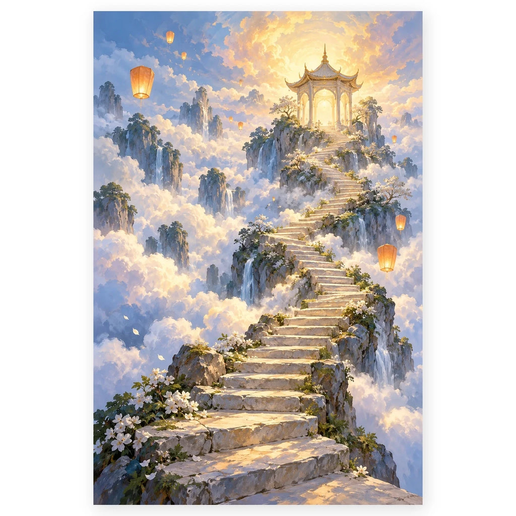 A pale stone staircase rises through bright clouds toward a glowing pavilion, with waterfalls, flowering trees, and floating lanterns. Full original portrait artwork on a clean white background with a subtle soft shadow and original proportions preserved.