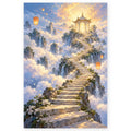A pale stone staircase rises through bright clouds toward a glowing pavilion, with waterfalls, flowering trees, and floating lanterns. Full original portrait artwork on a clean white background with a subtle soft shadow and original proportions preserved.