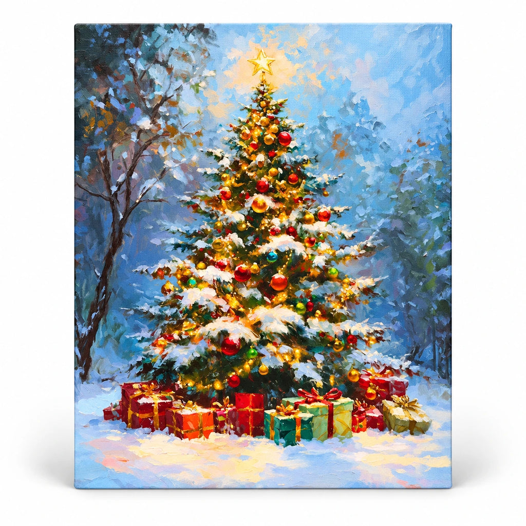 Star Above the Snowy Tree paint by numbers artwork on a front-facing canvas against a white background