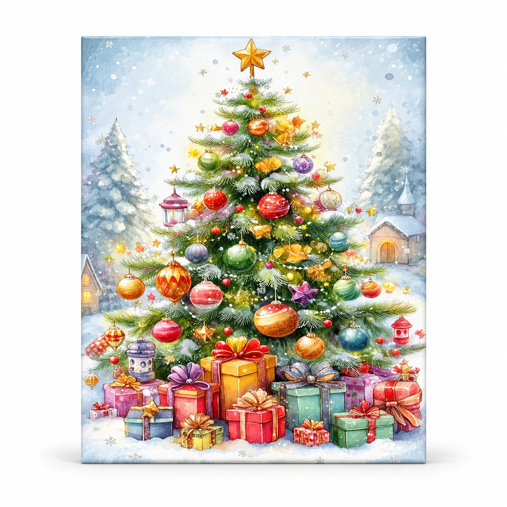 Star Topped Christmas Village paint by numbers artwork on a front-facing canvas against a white background