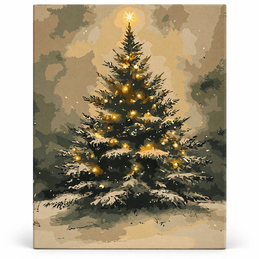 Star Topped Woodland Christmas Tree paint by numbers artwork on a front-facing canvas against a white background