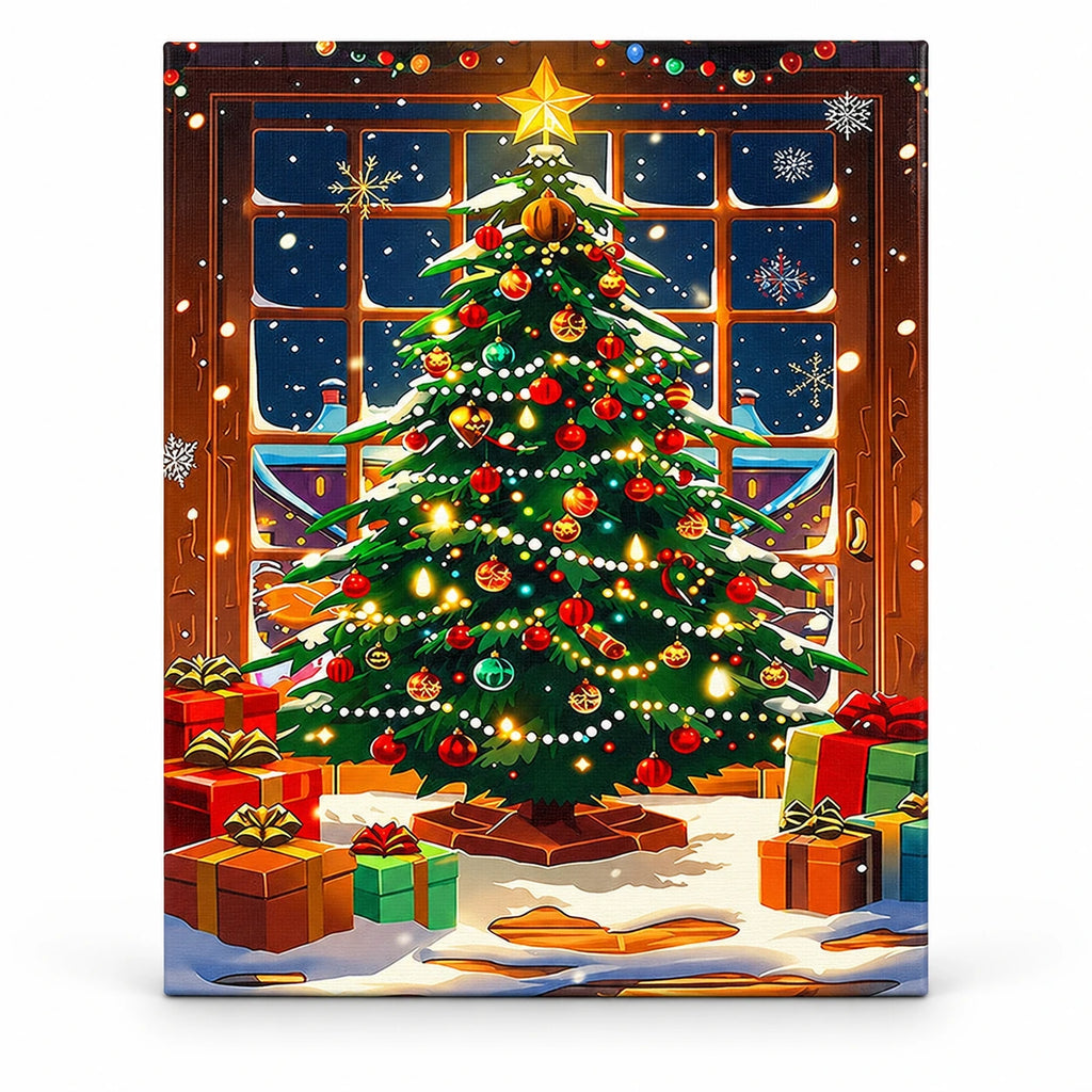 Starbright Christmas Tree by the Window paint by numbers artwork on a front-facing canvas against a white background