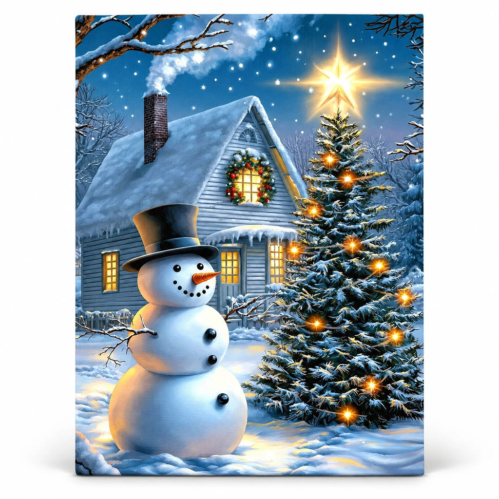 Starlit Christmas Cabin Snowman paint by numbers artwork on a front-facing canvas against a white background