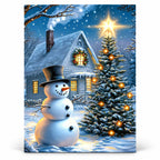 Starlit Christmas Cabin Snowman paint by numbers artwork on a front-facing canvas against a white background