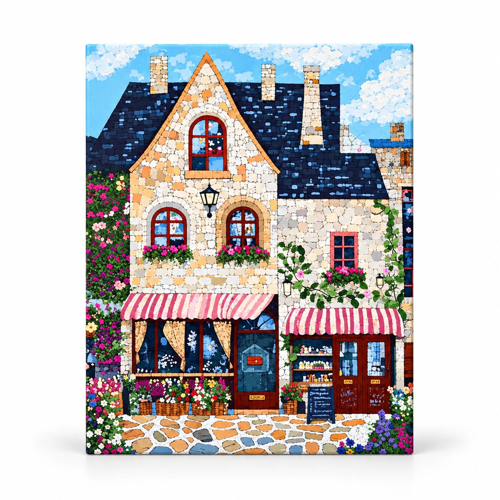 Stone Bakery Cafe Cottage paint by numbers artwork on a front-facing canvas against a white background