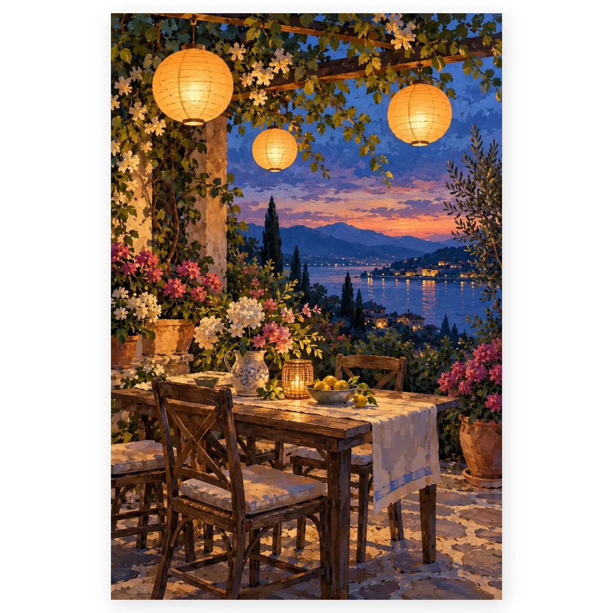 Summer Solstice Lantern Garden Paint by Numbers Kit artwork on a front-facing canvas against a white background.