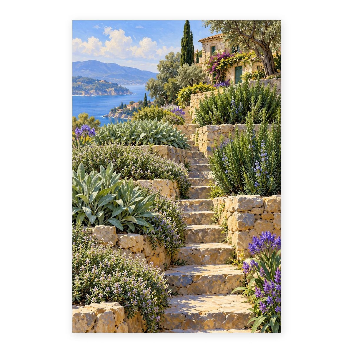 Sunlit Herb Terraces paint by numbers artwork on a front-facing canvas against a white background