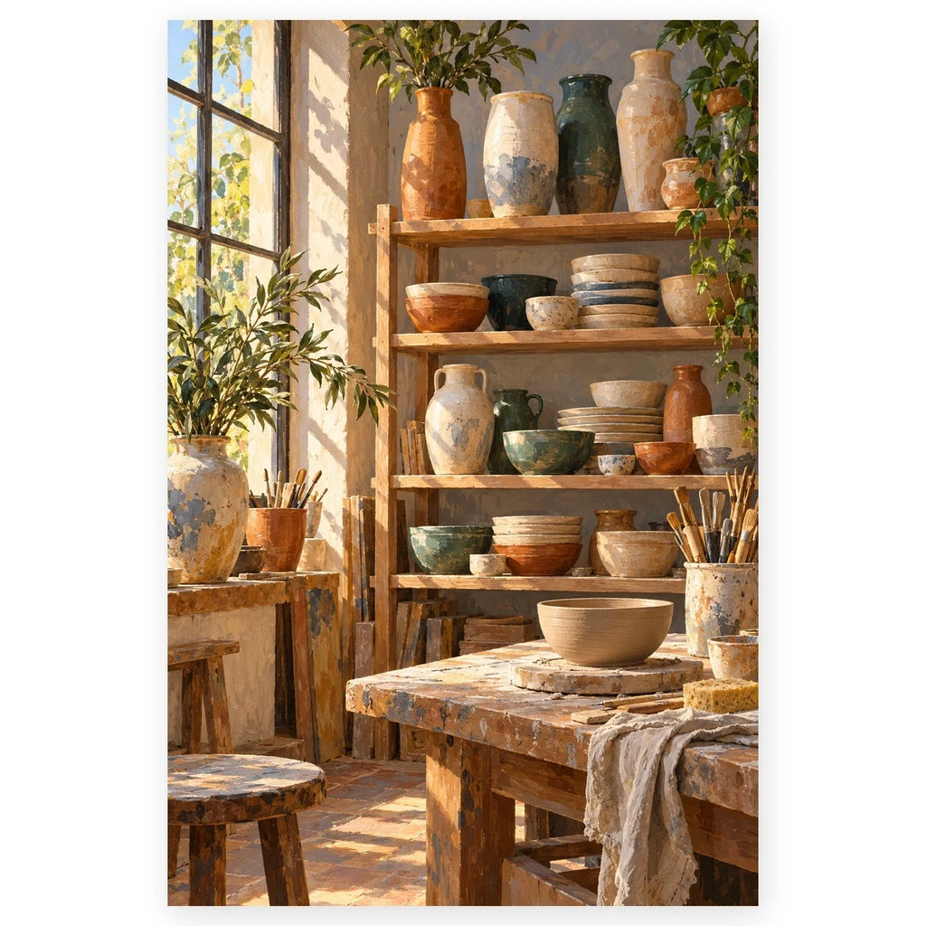 `01-sunlit-pottery-studio-ceramic-shelves-hero.webp` — Complete portrait paint by numbers artwork of a sunlit pottery studio with open shelves of handmade vases, bowls, and plates, centered on white with a soft shadow.