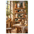 `01-sunlit-pottery-studio-ceramic-shelves-hero.webp` — Complete portrait paint by numbers artwork of a sunlit pottery studio with open shelves of handmade vases, bowls, and plates, centered on white with a soft shadow.