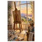 `01-sunrise-lakeside-artist-loft-easel-hero.webp` — Complete portrait paint by numbers artwork of a sunlit artist loft with a wooden easel, brushes, and a lake-and-mountain sunrise through the window, centered on white with a soft shadow.