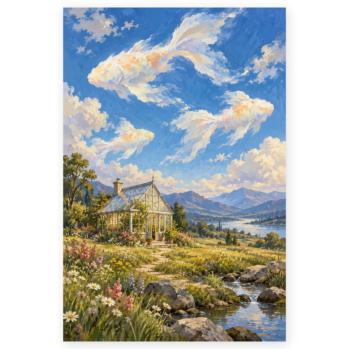 Full Surreal Greenhouse Fish Clouds paint by numbers artwork on a clean white square, complete design shown at its original proportions with a subtle soft shadow.