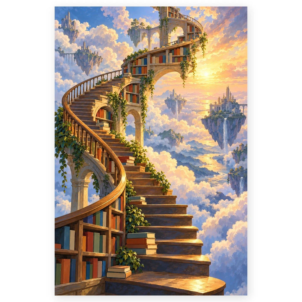 Full Surreal Library Floating Stairs paint by numbers artwork on a clean white square, complete design shown at its original proportions with a subtle soft shadow.