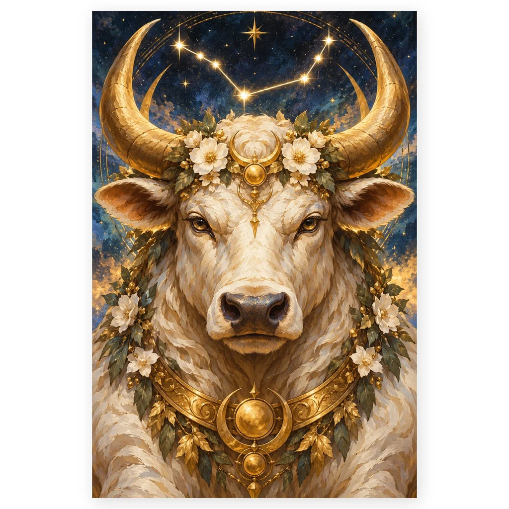 Full Taurus Bull Pear Blossoms paint by numbers artwork on a clean white square, complete design shown at its original proportions with a subtle soft shadow.