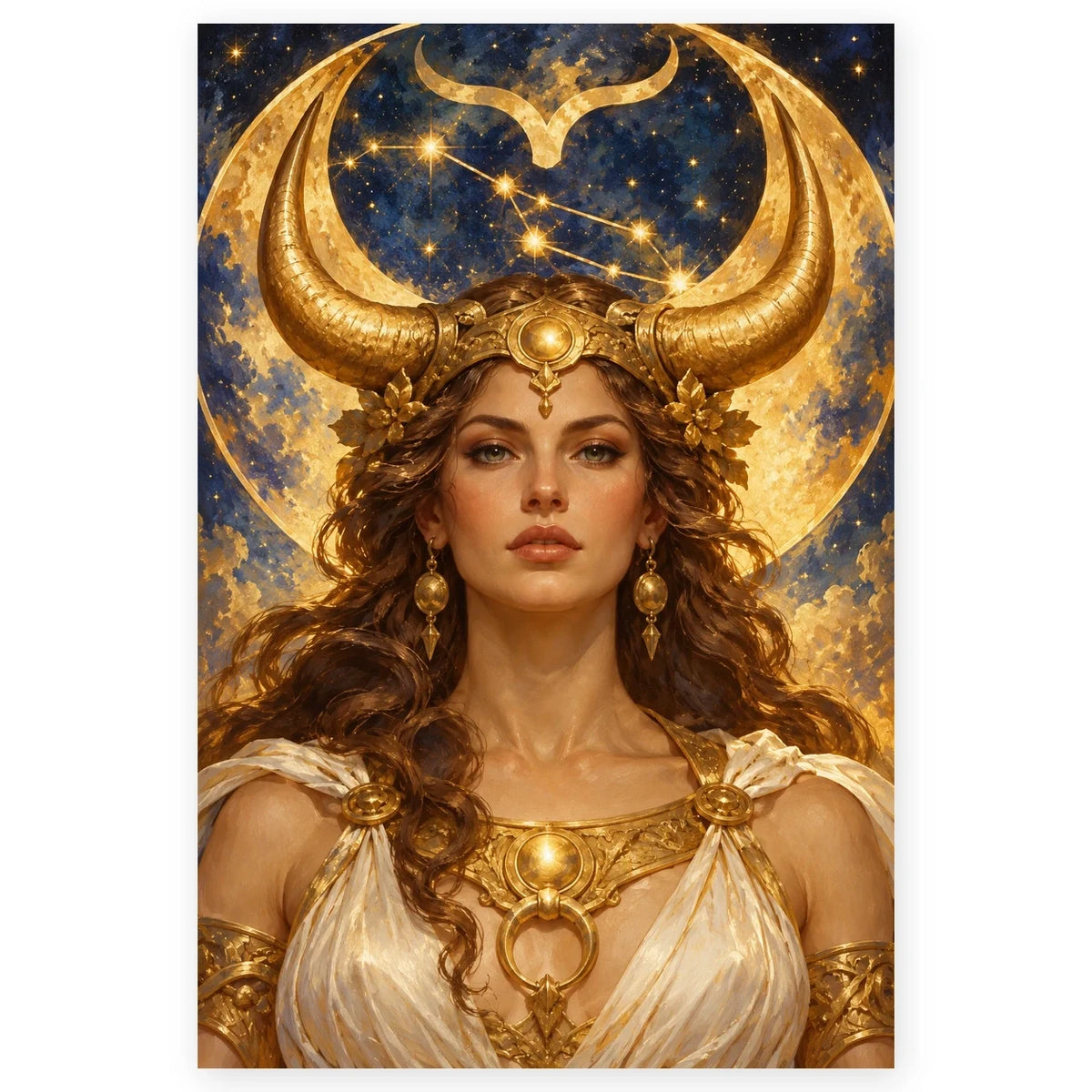 Taurus moon goddess with sweeping golden bull horns, a crescent moon, and a starry constellation on a white square canvas with a soft shadow.