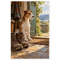Terrier with Boots by the Door paint by numbers artwork on a front-facing canvas against a white background