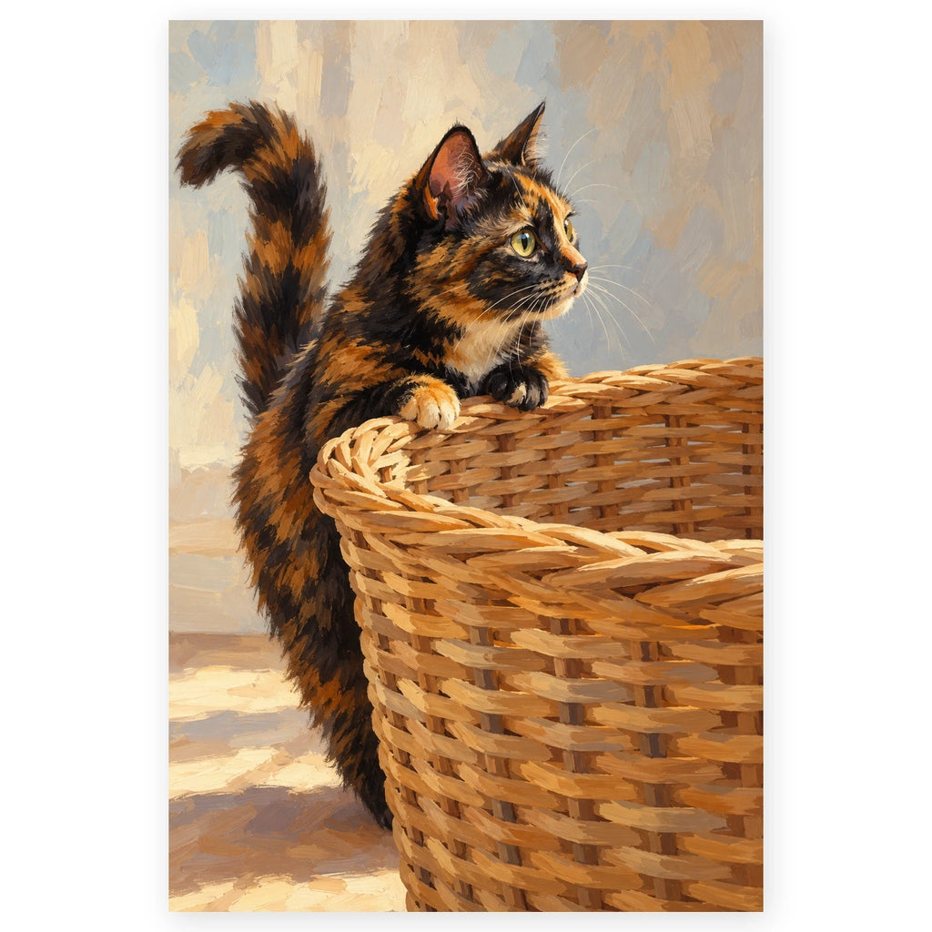 Tortoiseshell Cat in a Woven Basket paint by numbers artwork on a front-facing canvas against a white background
