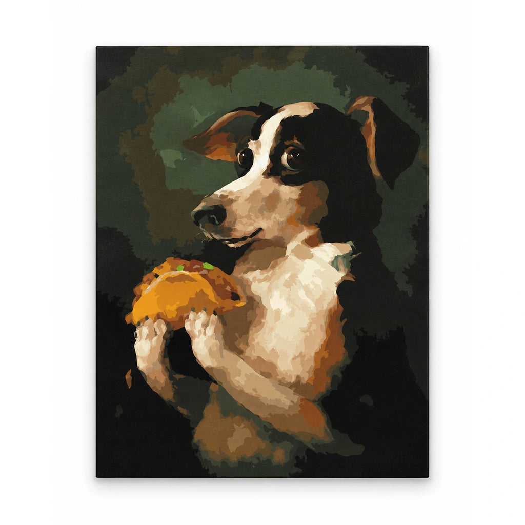 Tricolor Puppy Holding a Hamburger artwork on a front-facing frameless canvas against a white background.