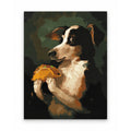 Tricolor Puppy Holding a Hamburger artwork on a front-facing frameless canvas against a white background.