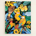Tropical Toucans Jungle Flowers paint by numbers artwork on a front-facing canvas against a white background