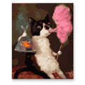 Tuxedo Cat with Cotton Candy and Goldfish artwork on a front-facing frameless canvas against a white background.