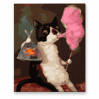 Tuxedo Cat with Cotton Candy and Goldfish artwork on a front-facing frameless canvas against a white background.