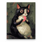 Tuxedo Cat with a Pink Toy Mouse artwork on a front-facing frameless canvas against a white background.