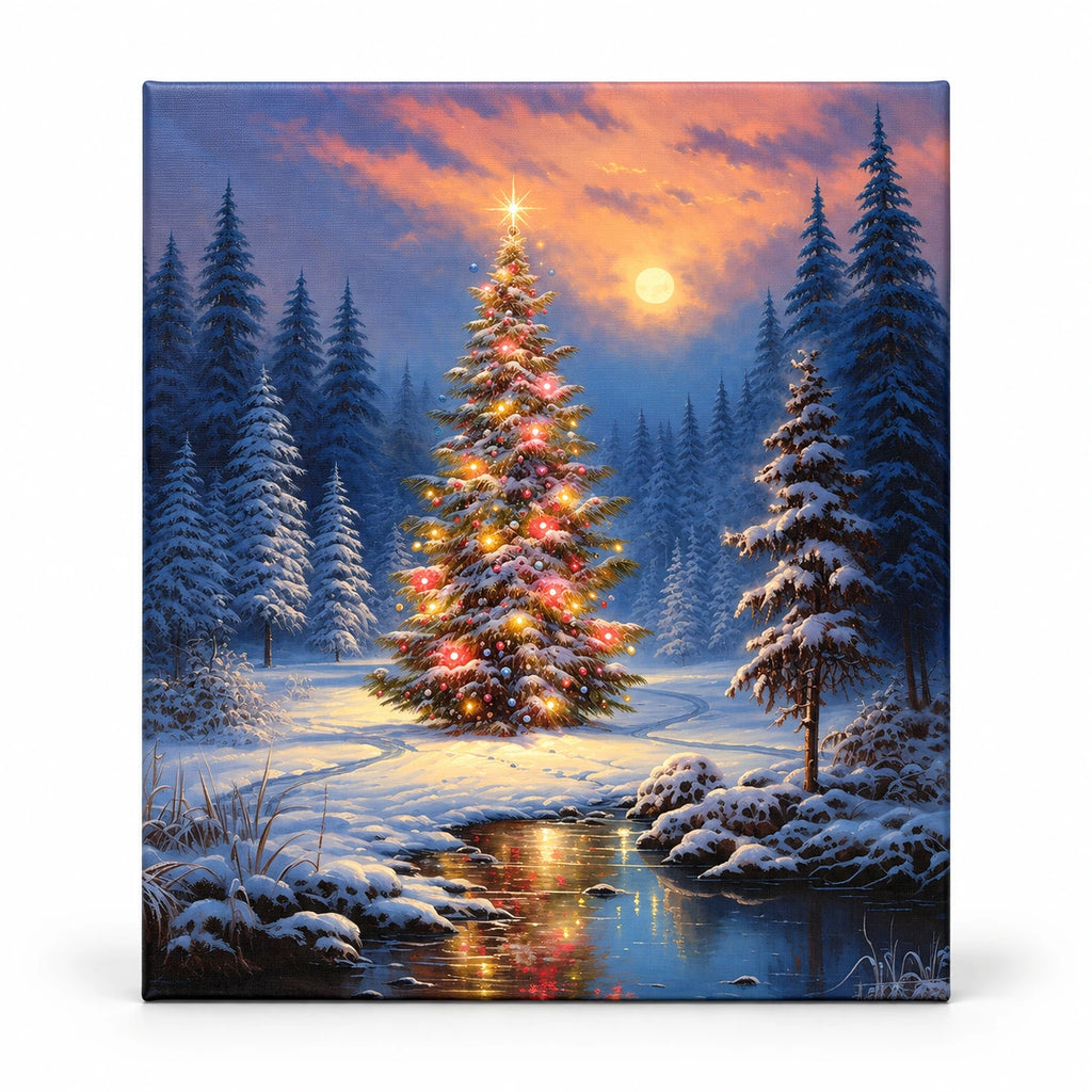 Twilight Christmas Woodland Tree paint by numbers artwork on a front-facing canvas against a white background