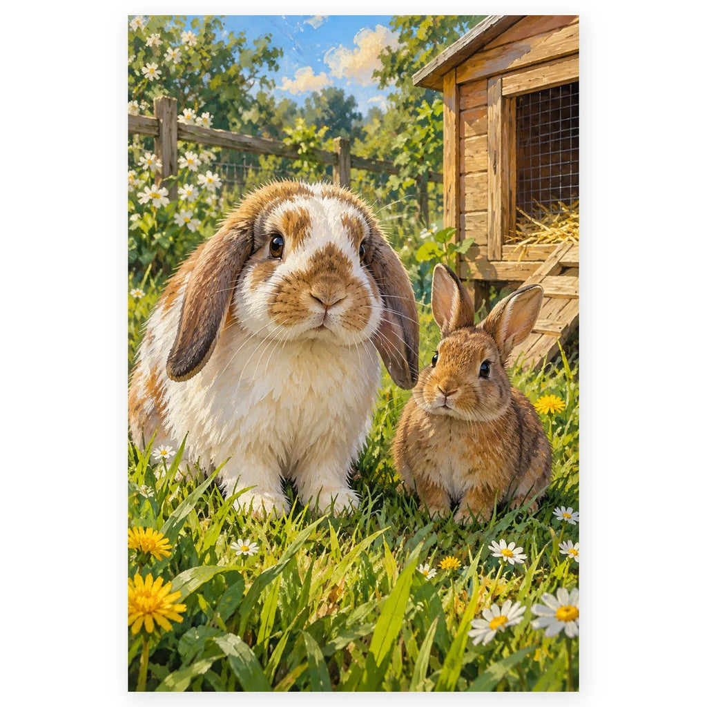Two Rabbits by a Garden Hutch paint by numbers artwork on a front-facing canvas against a white background