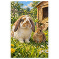 Two Rabbits by a Garden Hutch paint by numbers artwork on a front-facing canvas against a white background