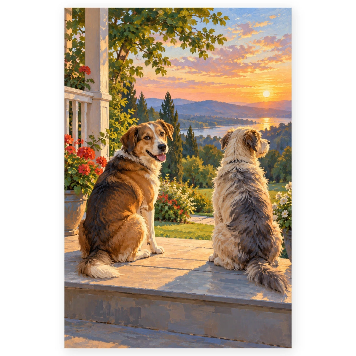 Two Shelter Dogs on a Porch paint by numbers artwork on a front-facing canvas against a white background