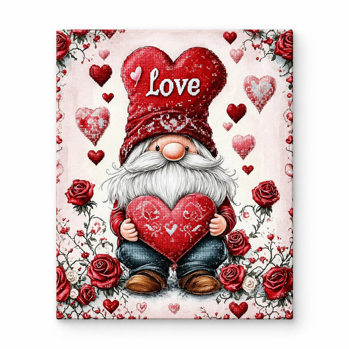 Valentine Gnome Heart paint by numbers artwork on a front-facing canvas against a white background
