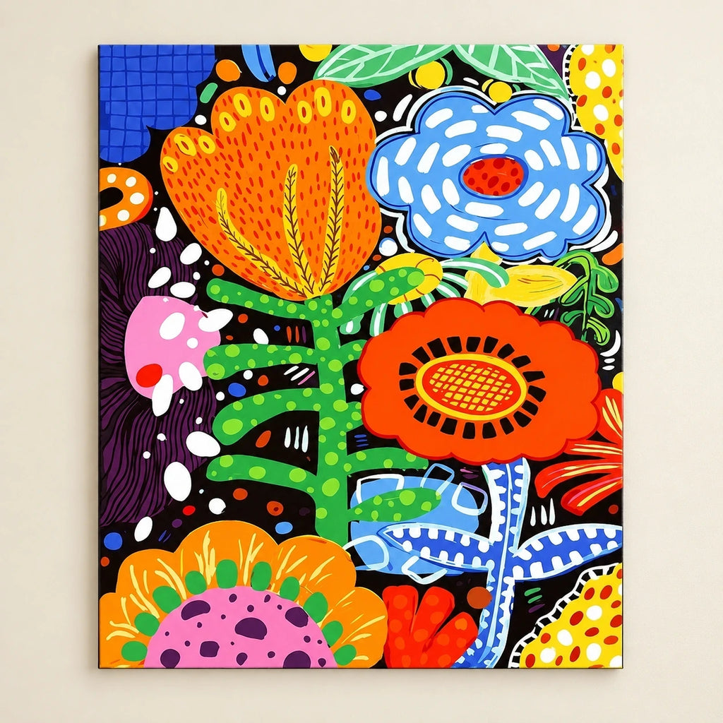 Vibrant Tropical Floral Blooms paint by numbers artwork on a front-facing canvas against a white background