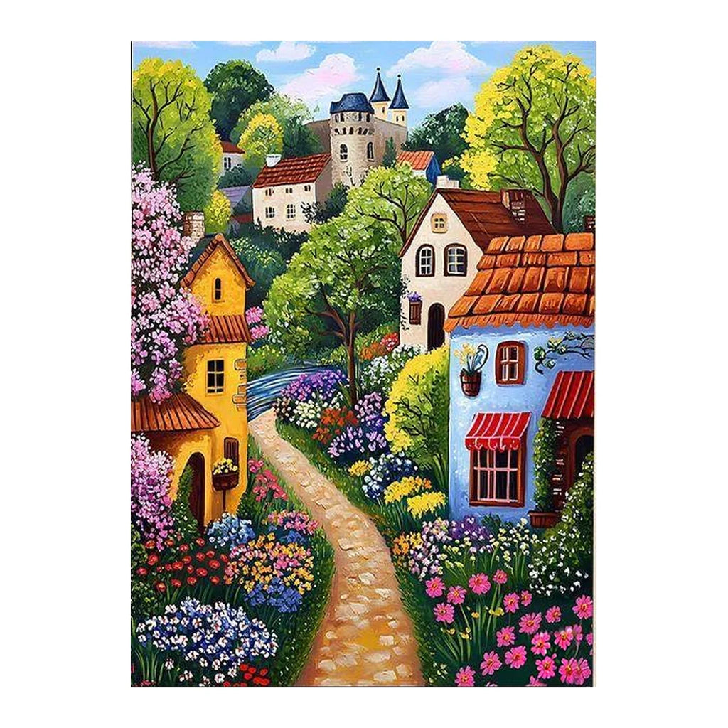 White-background original diamond painting artwork of a colorful European village lane beneath pink blossoms