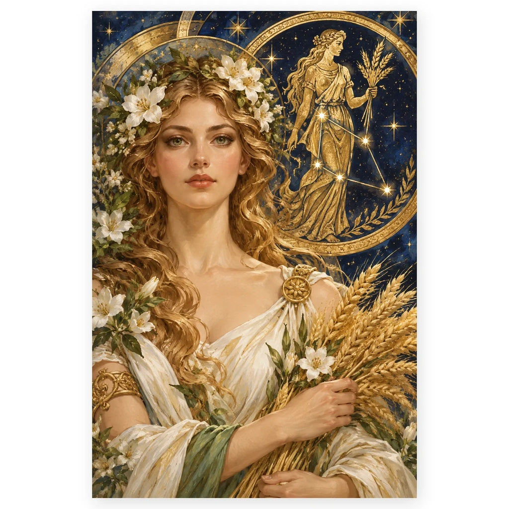 Full Virgo Botanical Keeper Wheat paint by numbers artwork on a clean white square, complete design shown at its original proportions with a subtle soft shadow.