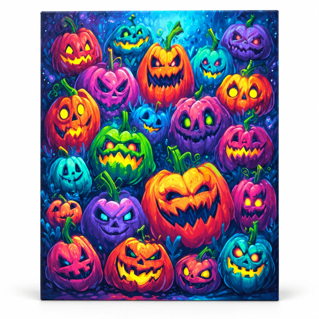 Vivid Jack O Lantern Assembly paint by numbers artwork on a front-facing canvas against a white background
