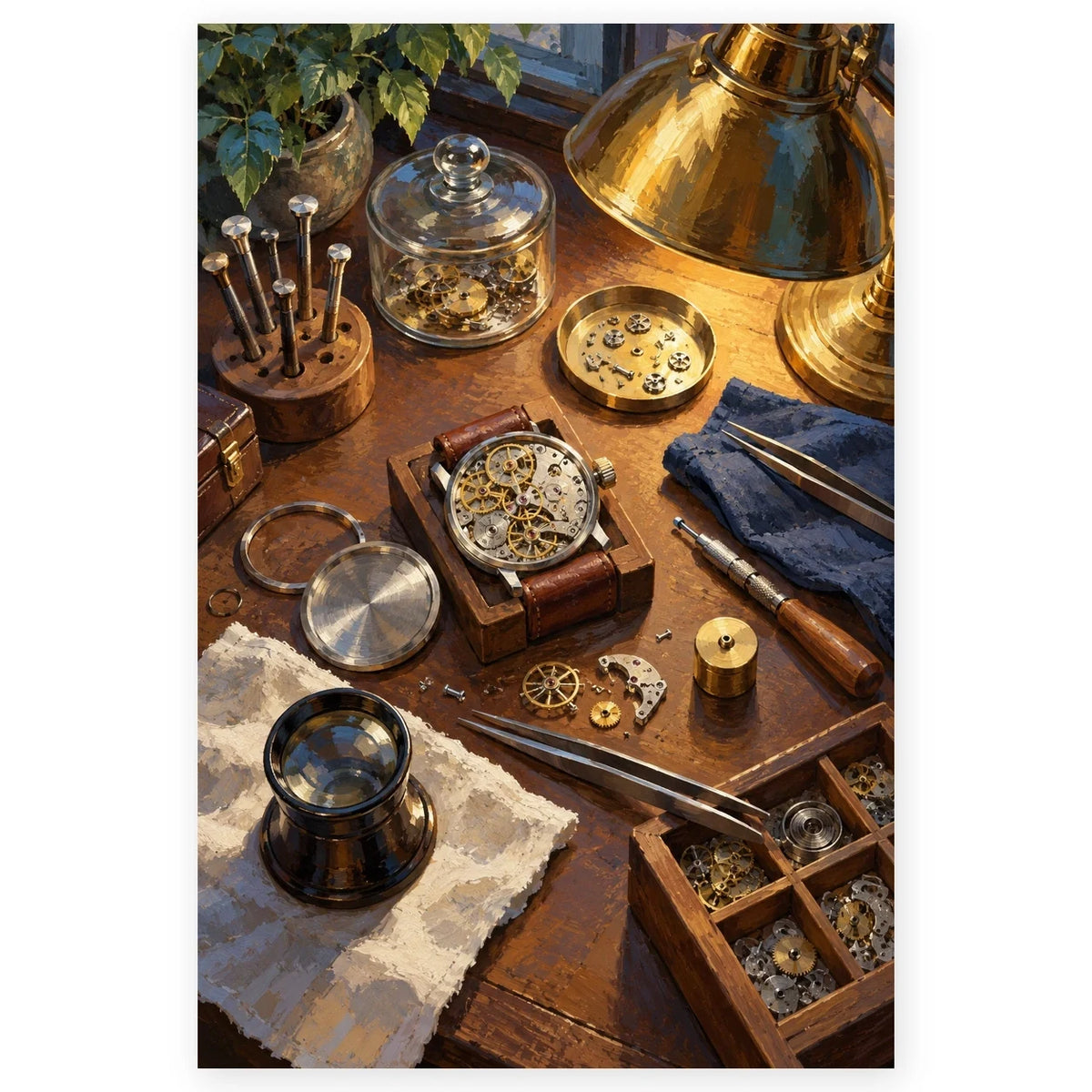`01-watchmaker-workbench-window-hero.webp` — Full Watchmaker Workbench Window paint by numbers artwork on a clean white square, complete design shown at its original proportions with a subtle soft shadow.