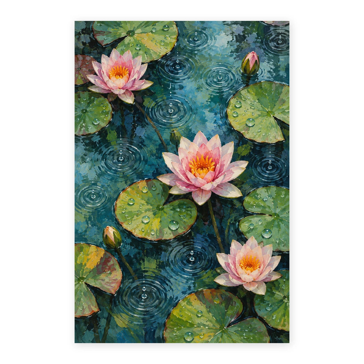 Water Lilies Rain Rings paint by numbers artwork on a front-facing canvas against a white background