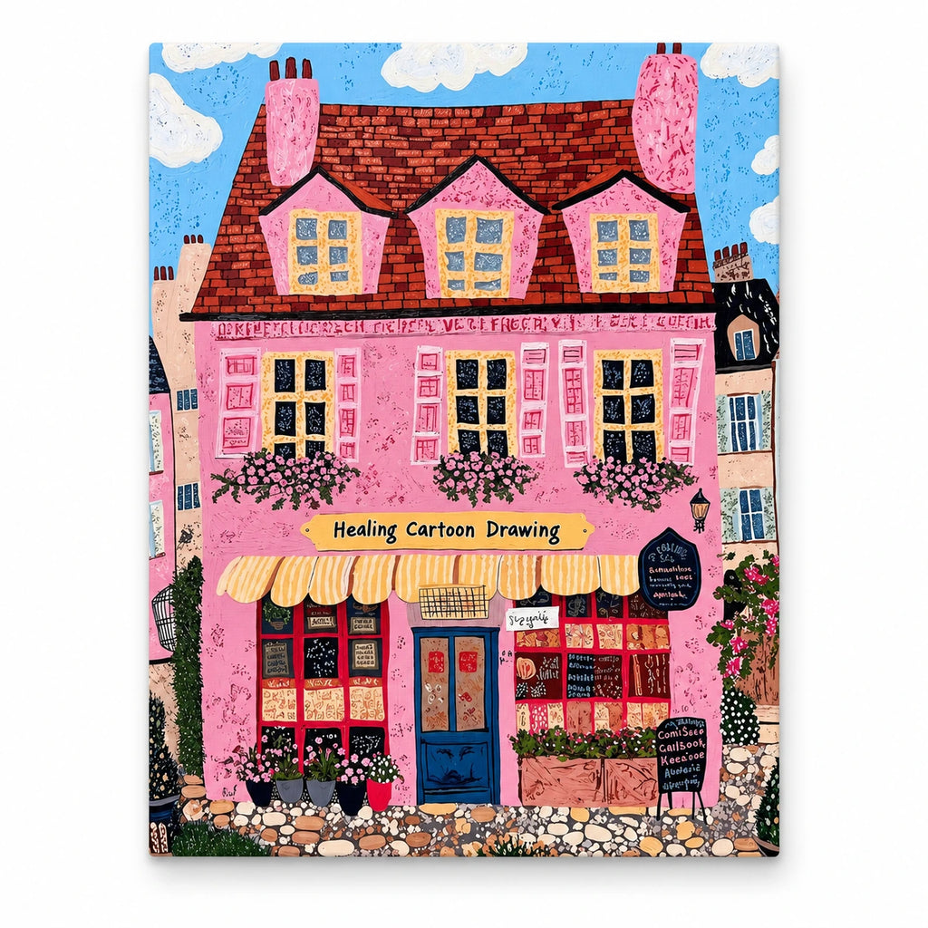 Whimsical Pink Bakery Storefront Paint by Numbers artwork shown on a front-facing frameless canvas against a white background