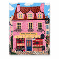 Whimsical Pink Bakery Storefront Paint by Numbers artwork shown on a front-facing frameless canvas against a white background