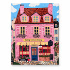 Whimsical Pink Bakery Storefront Paint by Numbers artwork shown on a front-facing frameless canvas against a white background