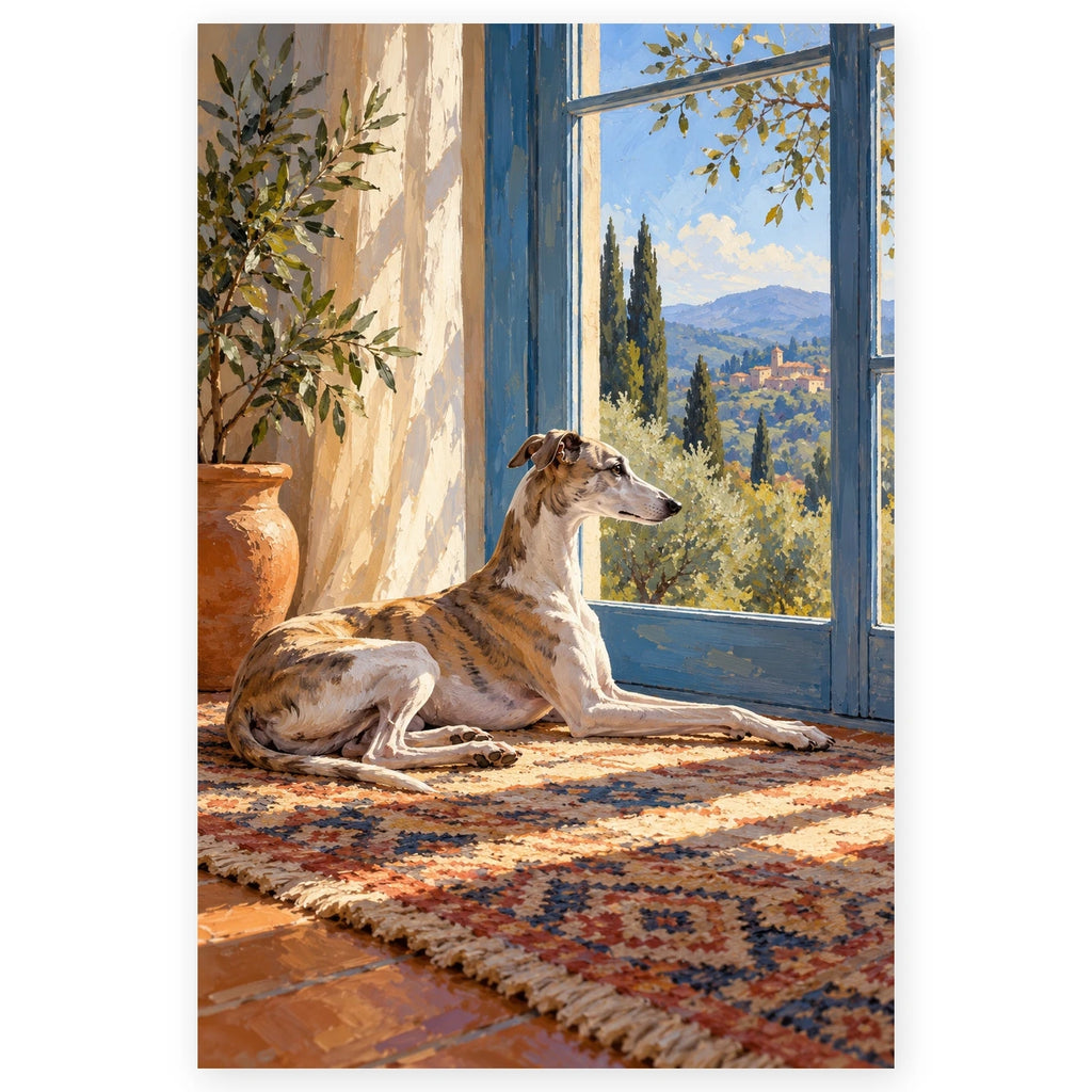 Whippet by a Blue Window paint by numbers artwork on a front-facing canvas against a white background