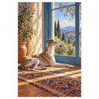 Whippet by a Blue Window paint by numbers artwork on a front-facing canvas against a white background